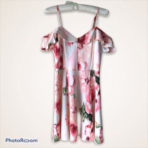 Pink Flower Off the Shoulder Dress - Medium - By Emerald Sundae - Ruffle Neck
